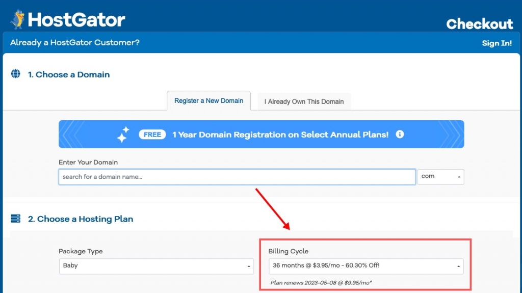 Checkout page pointing to Billing Cycle section.