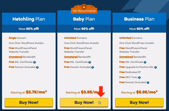 Various HostGator hosting plans and plan pricing. For example, choose HostGator's Baby Plan. 