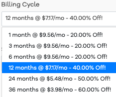 Billing cycle highlighting 12 months with webpresence60 coupon code for HostGator