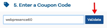 Entering in the webpresence60 coupon code for HostGator and then validating.